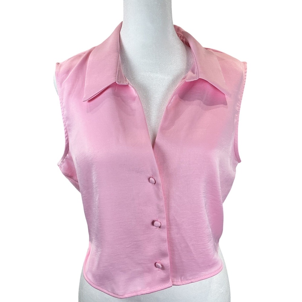 Zara Womens Pink Sleeveless Cropped Silky Minimalist Blouse‎ Collared Top Small